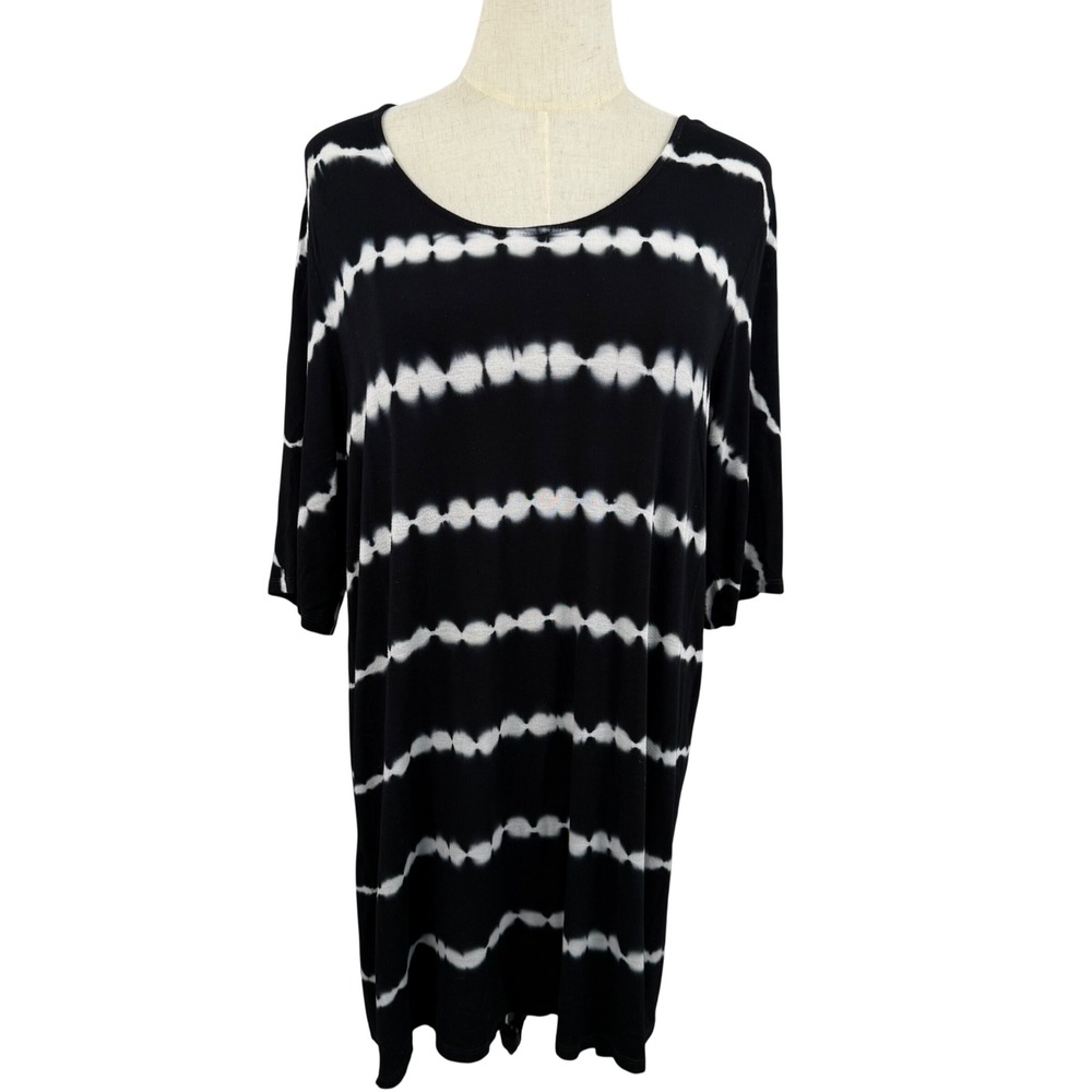 WD NY 1X Tunic Top Monochrome Tie‎ Dye Striped Scoop Neck Shibori Hippie Grunge